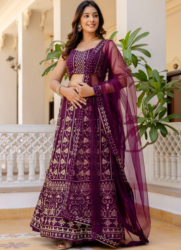 Latest Sequence Work Georgette Purple Reception Wear Lehenga Choli